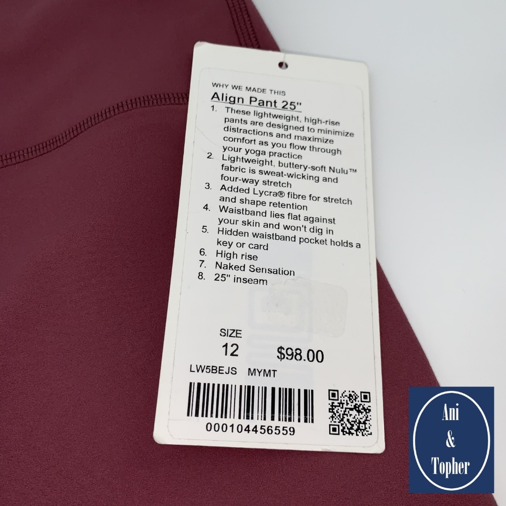 NWT Lululemon Align Pant 25" Misty Merlot + bag - Picture 4 of 5